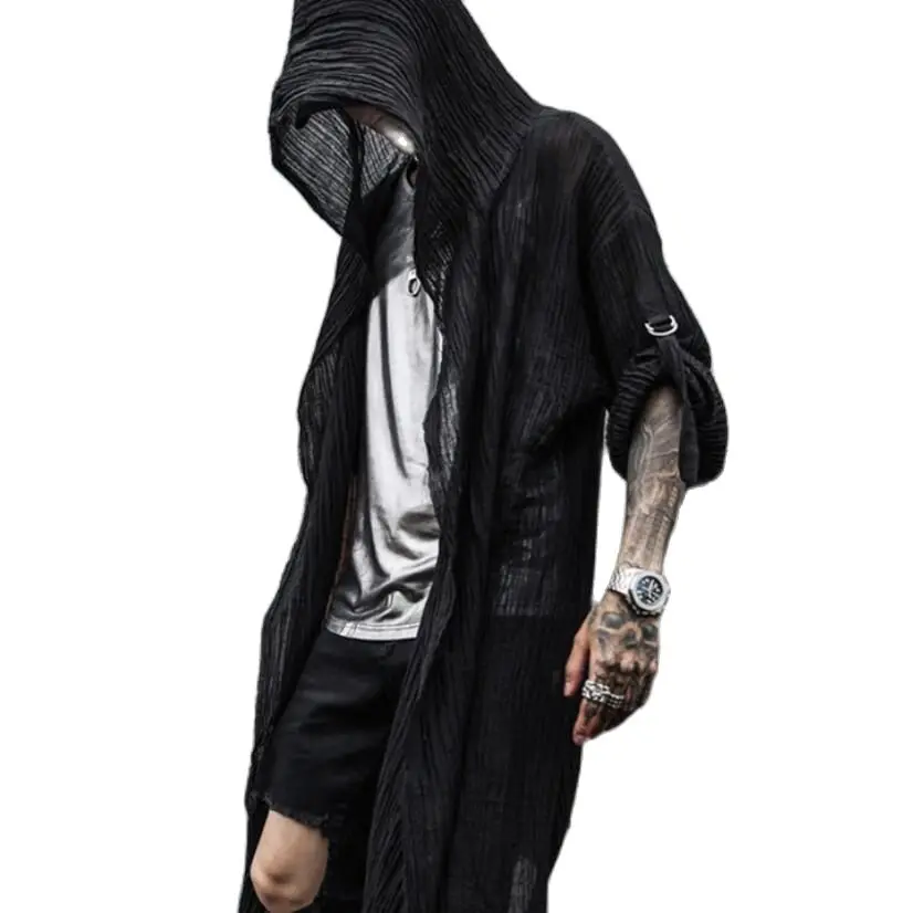 Spring summer men black thin cotton & linen punk hip hop long trench coat hooded cloak nightclub men gothic style vintage jacket