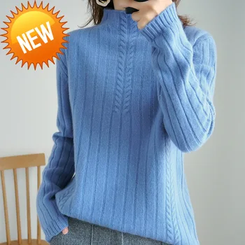 

Wool 100% New Autumn winter Women Knitted Sweater Pullovers Half collar sweater Solid Color Elastic Twist Sweater Lady Tops