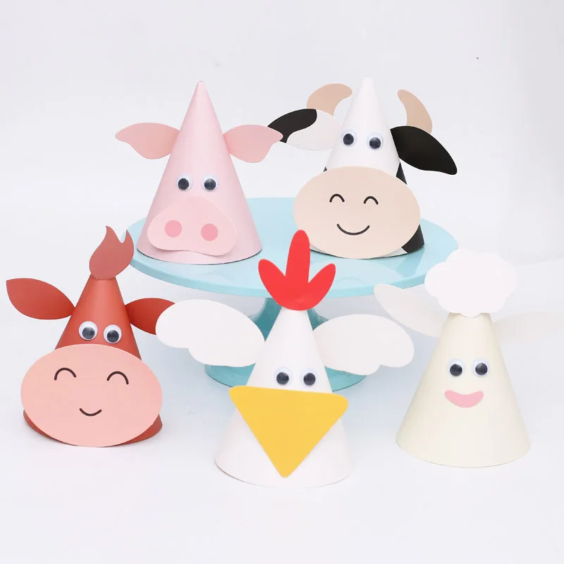 Party Hat Farm Animals Paper Hat DIY Birthday Party Decorations Kids Children Props for Outdoor Activities Rabbit Sheep Chick Conical Cap