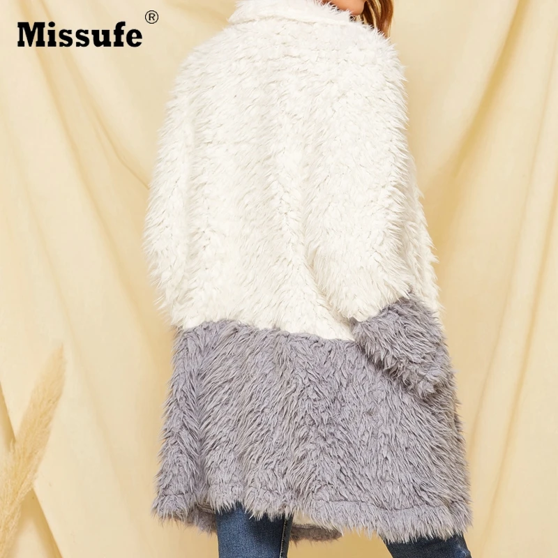 Missufe зимнее лоскутное шерстяное пальто из искусственного меха, теплое комбинированное, белое, серое, свободное, с отложным воротником, с карманами, ажурное пальто для женщин