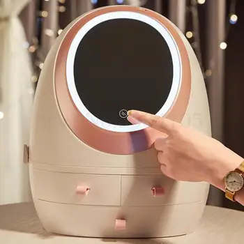 

Cosmetics Storage Box With Mirror Led Lamp Dresser Desktop Drawer Type Dust-proof Lipstick Skin Care Products Shelf