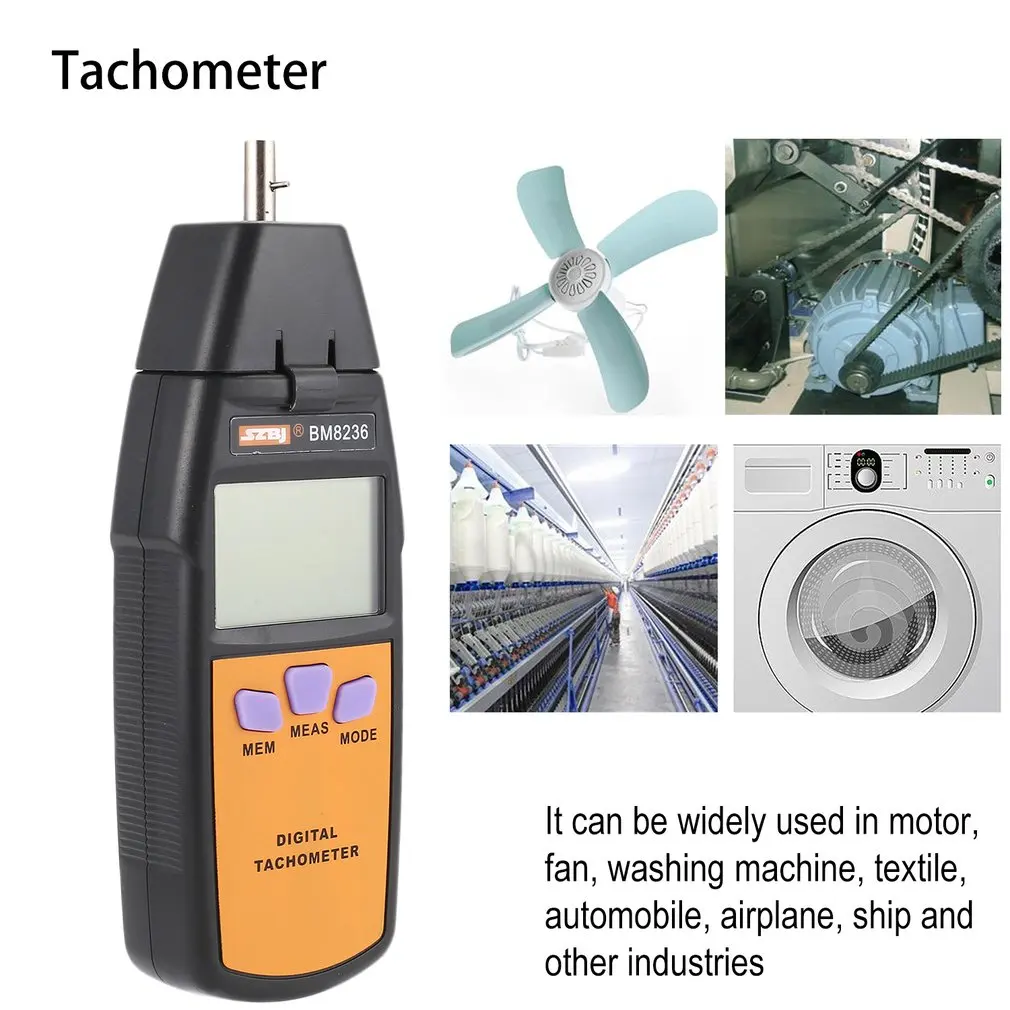 SZBJ BM8236 LCD Digital Laser Tachometer Non-Contact RPM Tach Tester Meter Motor Speed Gauge Testing Handheld Photoelectric