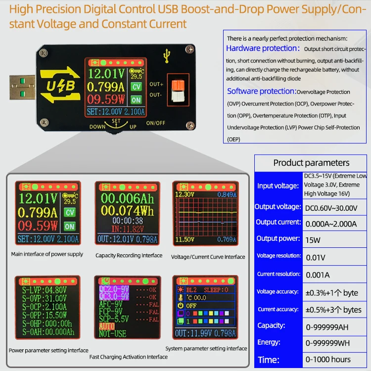 XY-UDP 15 Вт Цифровой USB DC-DC конвертер CC CV 0,6-30 V 5V 9V 12V 24V 2A модуль питания Настольный Регулируемый источник питания