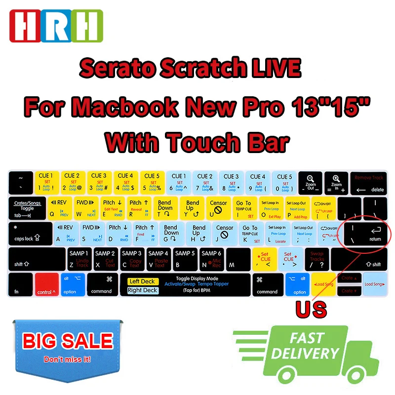 

HRH Serato Scratch LIVE Function Shortcut Hotkey Silicone Keyboard Cover Keypad SKin for Macbook Pro 13"15"Touch Bar A1706/A2159