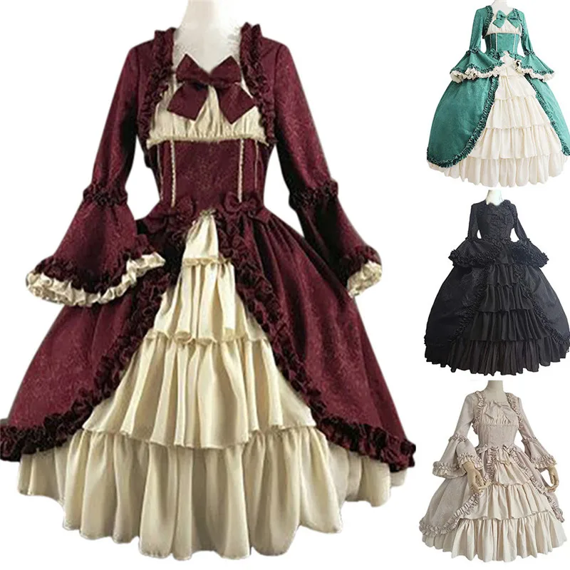 

Fashion Women Dress Vintage Gothic Court Square Collar Patchwork Bow Dress