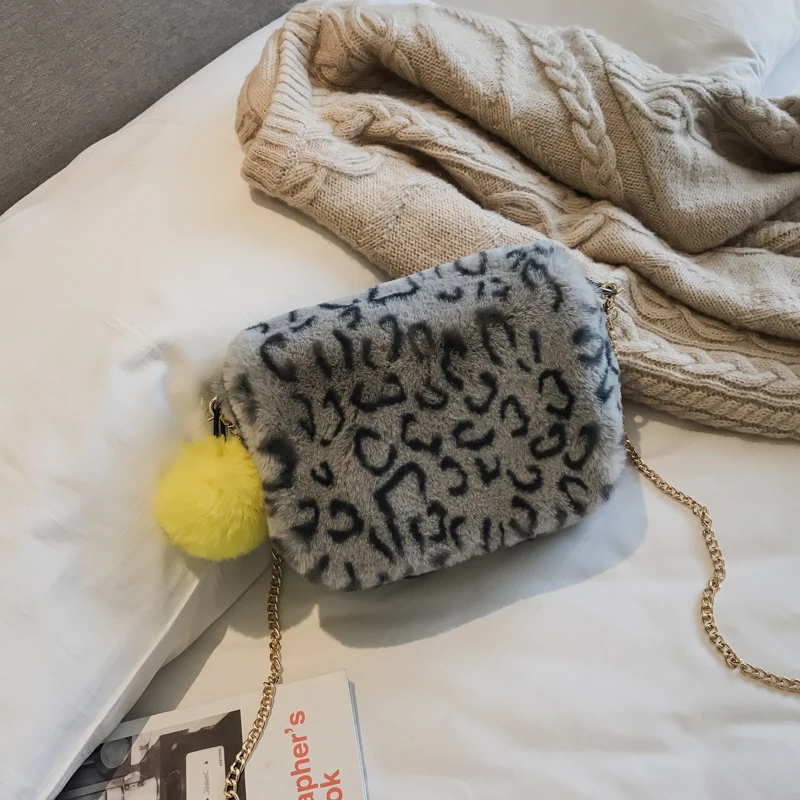 leopard gray Зимняя сумка из искусственного меха с плюшевой кроличьей шерстью, сумка через плечо с леопардовым принтом, маленькие сумочки с цепочкой, леопардовые сумки, женские сумки через плечо - Цвет: leopard gray