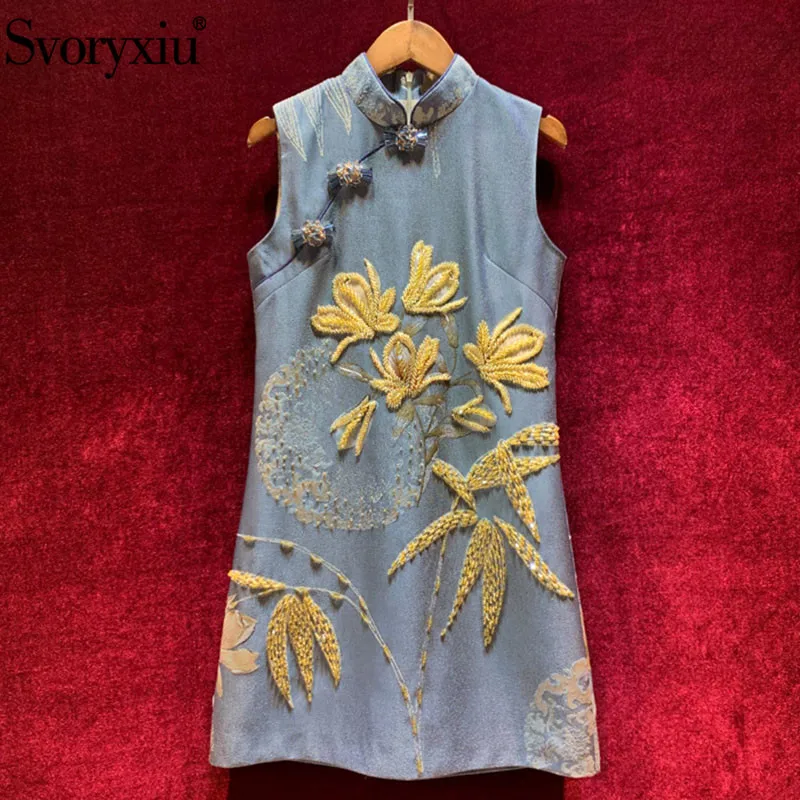 

Svoryxiu Designer Autumn Winter luxury Party Mini Dresses Women's High End Crystal Beading Printed Jacquard Cheongsam Dress