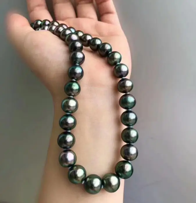 HUGE AAA 10-11MM ROUND SOUTH SEA GENUINE BLACK GREEN PEARL NECKLACE 18" 925silver GOLD