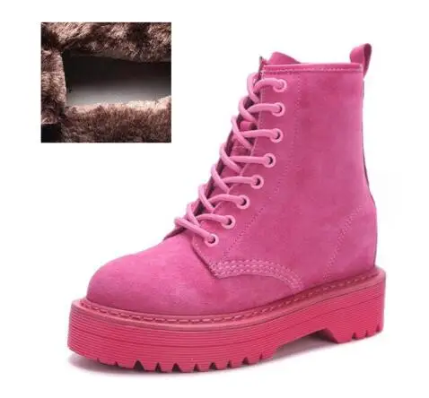 Модные женские мотоциклетные ботильоны из натуральной кожи; женские ботинки на платформе; теплые плюшевые зимние ботинки для женщин; повседневная обувь - Цвет: suede pink with fur