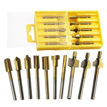 

10Pcs 1/8 Inch Shank Titanium Coated HSS Woodworking Trimming Router Bit Set Burr Rotary File Wood Milling Cutter Tool