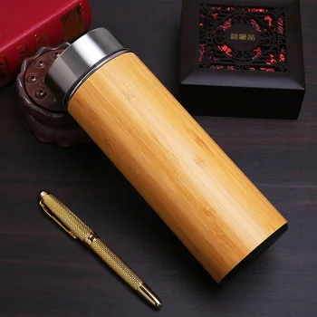 

25pcs/lot Stainless Steel Water Bottle Vacuum Insulated Coffee Travel Vacuum Cup With Tea Infuser Strainer Wooden Bottle