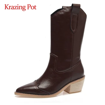 

Krazing pot new naturel leather streetwear british design pointed toe thick high heel slip on keep warm basic mid-calf boots L23