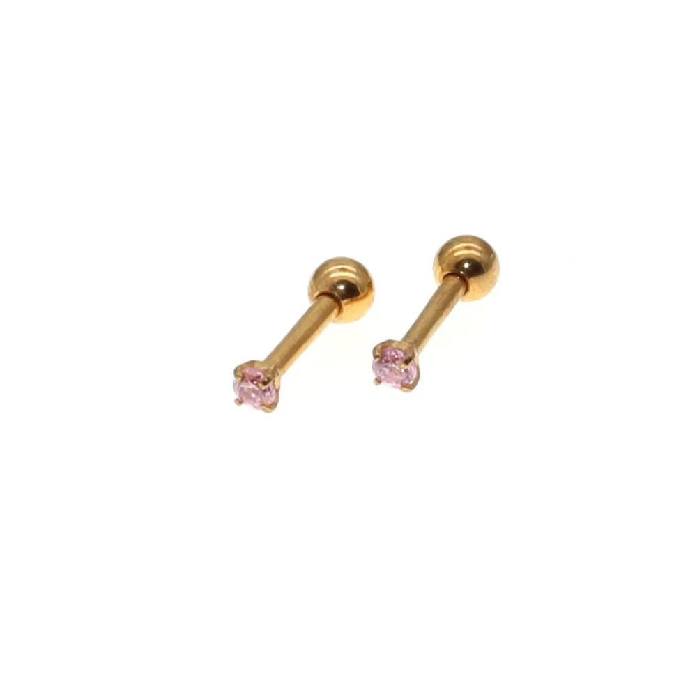 Needle 1.2*6MM Stainless Steel Screw-back Pink Zircon Stud Earrings Golden IP Plating No easy Fade Allergy Free