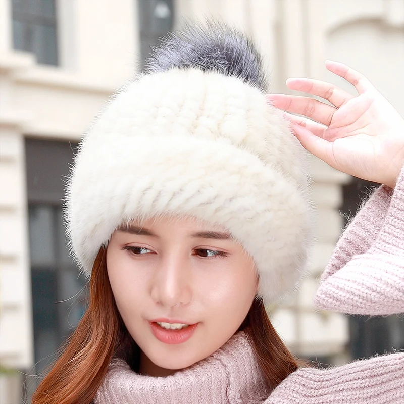 Lantafe женская шапка зимняя шапка мех норки шапки с натуральный шарик из меха лисы сплошной цвет толстый материал плетение ремесло зима теплая