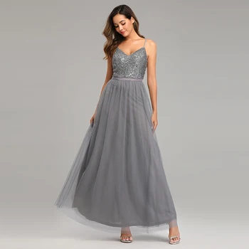 

Silver Gray Sexy Evening Dresses Simple Sling Pleats Long Homecoming Dress Beads Flash splicing Gauze Fabric Lady Party Gowns