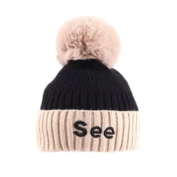 

New HOT Winter Newborn Cute Warm Kids Girls Boys Baby Plush Ball Design Patchwork Color Hats Knitted Hemming Caps/ Clothing Drop