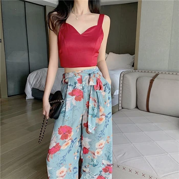 

summer holiday women's crop tops sexy backless women camisole lady sexy short tanks tops with floral pants set