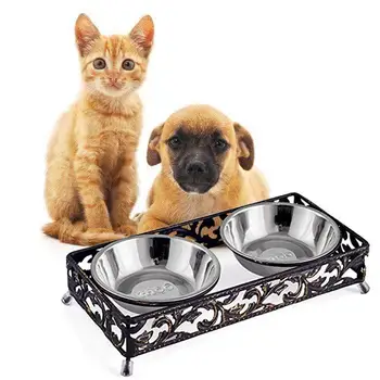 

Retro Double Stainless Steel Feeder Bowls Anti Slip Stand Pet Cats Dogs Food Water Supplies Cat Dog Feeding Bowl Drinking Bowl