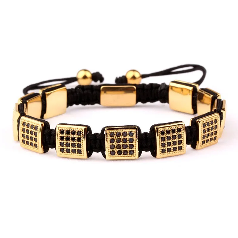 CZ Pave Square Brass Beads Braided Men Jewelry Wrap Adjustable Bracelet - Image 5