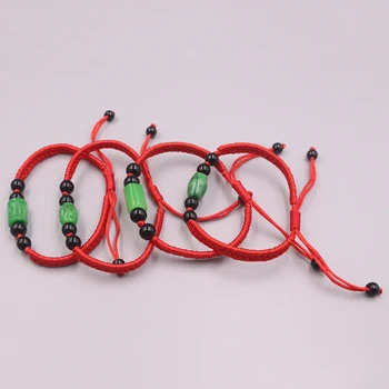 

New Arrival Natural Jadeite Green Tube Cylinder Bead with Red Cord Weave Bracelet 6.3inch Women Best Gift