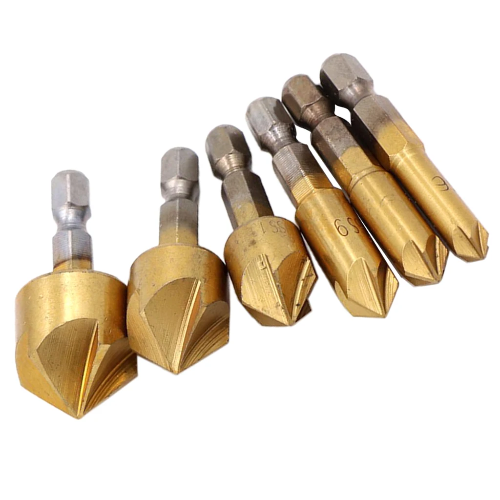 6pcs Woodworking Chamfering Device Countersink Drill Bit Bore Kit Hex 6/8/9/12/16/19mm