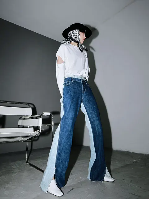 [EAM] Blue Contrast Color Split Joint Long Wide Leg Jeans New High Waist Loose Women Trousers Fashion Spring Autumn 2021 1T276 4