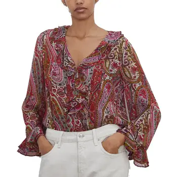 

2019 za women's fashion v-neck chiffon blouse vintage FLOWING PRINTED BLOUSE ruffles trims blouse for girls xs s m l