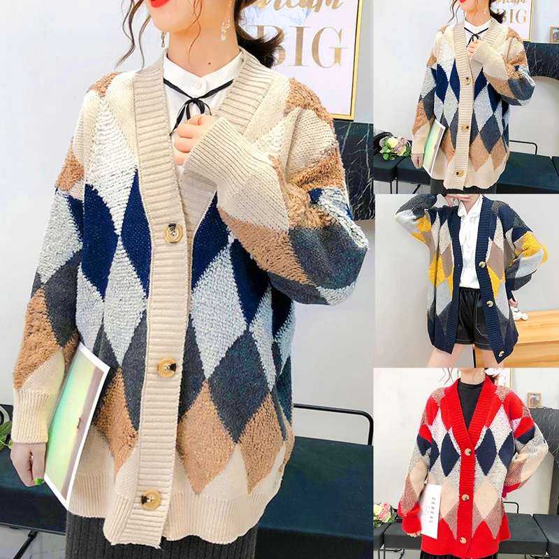 Oeak New Knitted Cardigans Women Lattice Color Coats Femme Matching Knitwear Tops Korean Style Ladies Casual Jersey Mujer