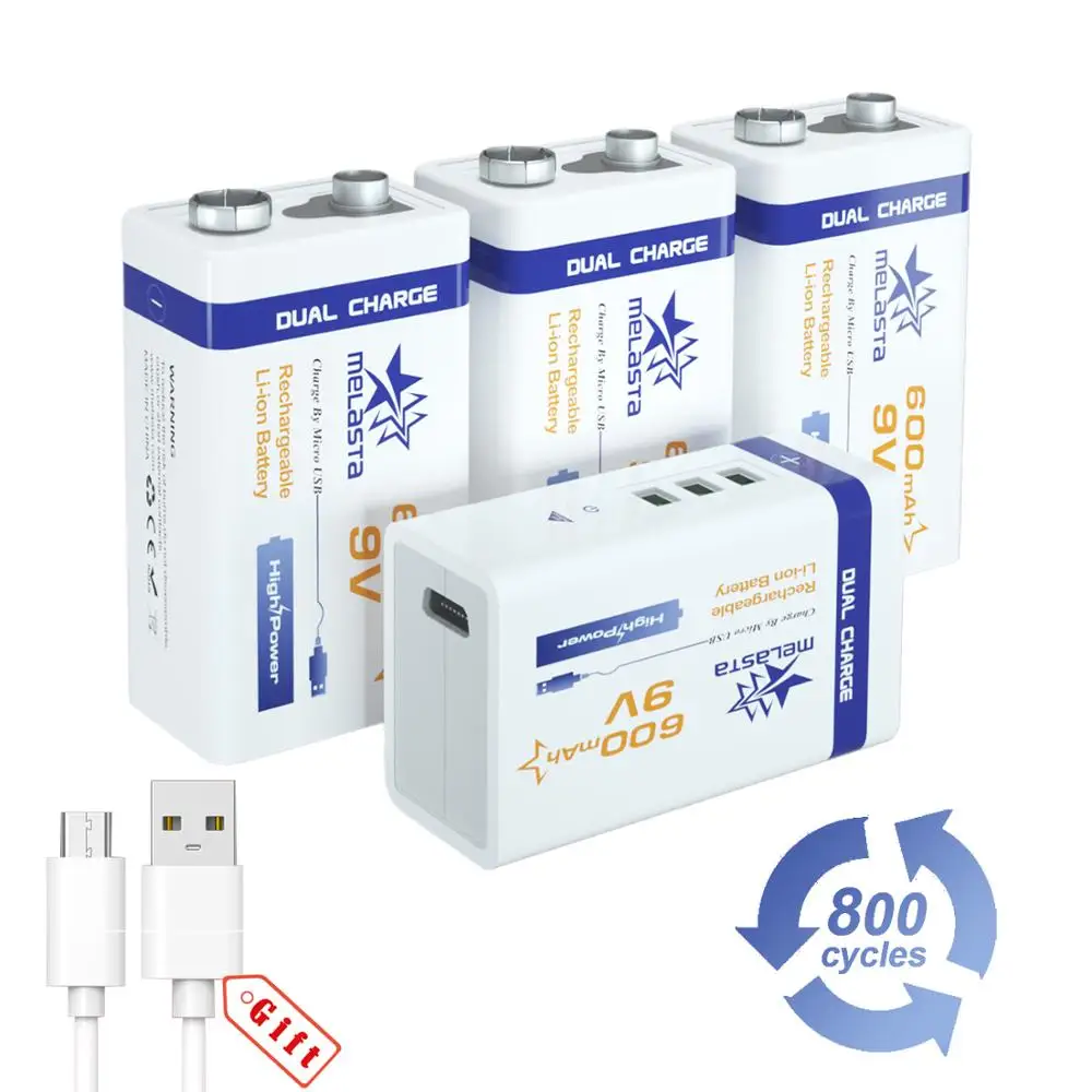 Melasta 4 шт. Li Ion 9 в USB 600 мАч 6F22 аккумуляторная батарея для беспроводного микрофона