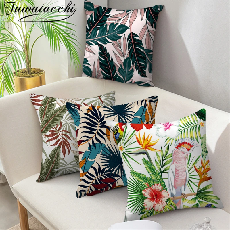 

Fuwatacchi Pillow Cover Home Decor Green Leaf and Red Flower Print Throw Pillowcase Decorative Living Room Sofa Cushion Cover