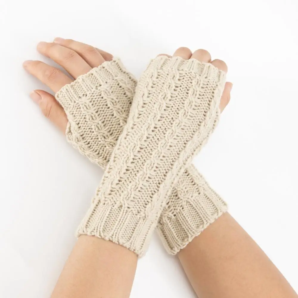 C06Beige Женские зимние теплые вязаные перчатки без пальцев ручной вязки с отверстием для большого пальца теплые рукавицы G023 - Цвет: C06Beige
