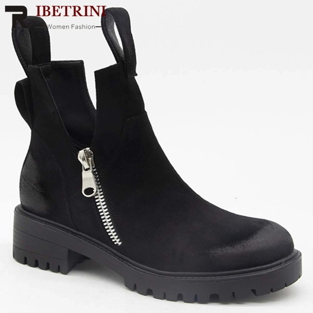 

RIBETRINI New Arrival Ladies Flock Ankle Boots Cool Zipper Slip On Solid Platform Boots Women Spring Autumn Chunky Shoes Woman