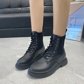 

2020 Autumn New Women Shoes Square Heels Martin Boots Stretch Fabric Fashion Motorcycle Boots
