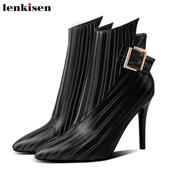 

Lenkisen hot stripe print genuine leather super high heels modern metal buckle pointed toe winter women stiletto ankle boots L86