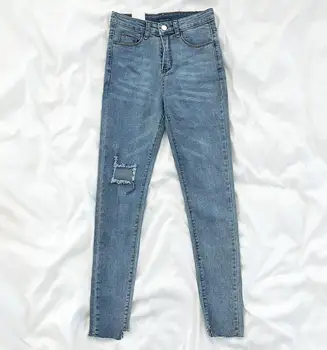 

Summer holes irregular high waist stretch slim denim cropped pants
