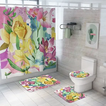 

4pcs Pedestal Rug Non Slip Washable Floral Waterproof Colorful Shower Curtain Set Soft Home Decor With Hooks Lid Toilet Cover