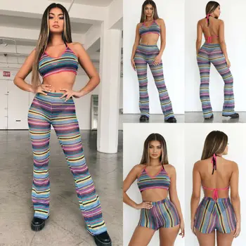 

2019 Sexy Women Crochet Straps Backless V-Neck Crop Tops+Shorts+Pants Striped Bikini Cover Up