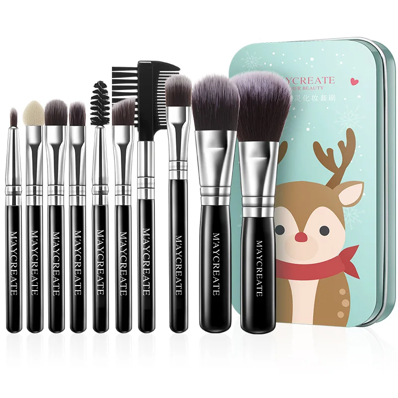 

10pcs/set Black Magnet Makeup Brushes Set Foundation Loose Powder Eye Shadow Blusher Brush Soft Hair To Touch In Iron Box