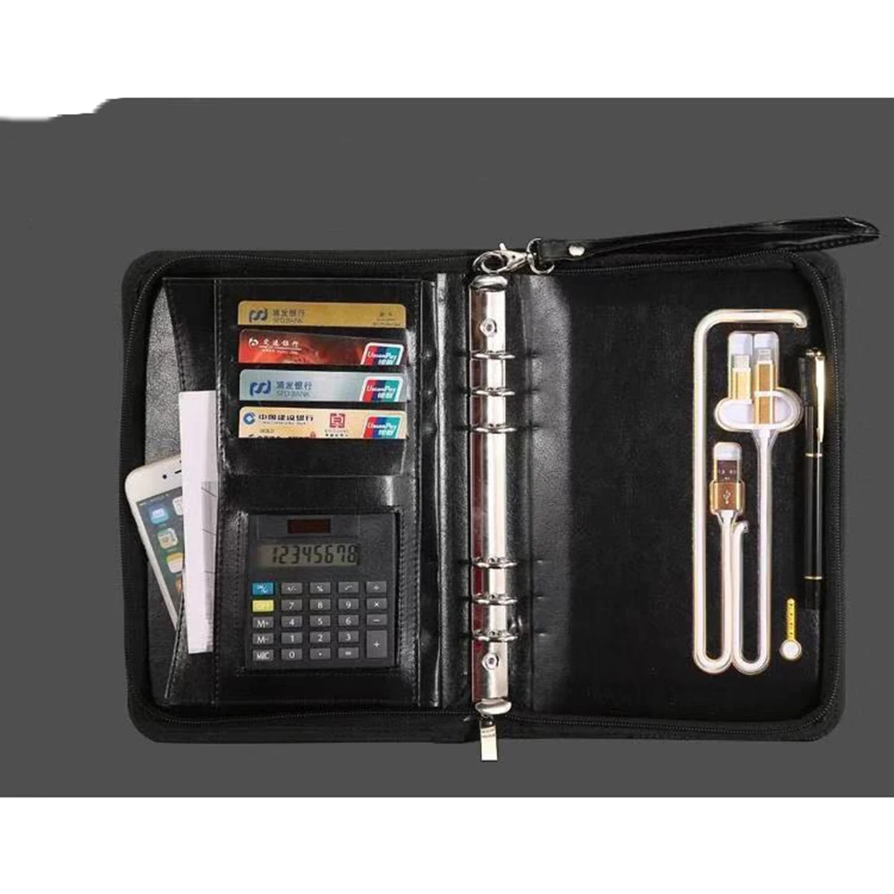 

A5 leather folder charging treasure multi-function office zipper file package business meeting mobile power notebook