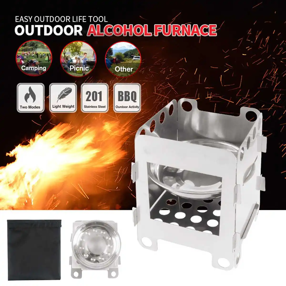 Camping Medium Wood Stove Portable Outdoor Folding Titanium Wood Stove Burning for Backpacking Survival Cooking Picnic Hunting