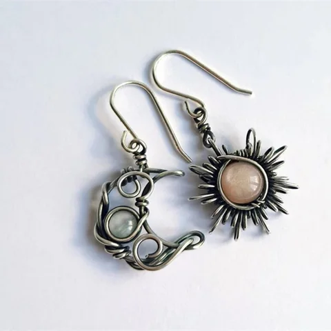 Bohemia Style Sun and Moon Earring Silver Color Inlaid with Natural Stones Hook Dangle Earrings Women Party Jewelry