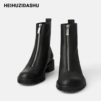 

Front zipper design Chunky boots women Black platform ankle boots 2019 Autumn fashion Casual INS style Motorcycle boots women