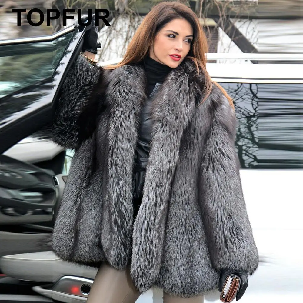 TOPFUR модное Серое Женское пальто из натурального меха, Женское пальто из натурального меха серебристой лисы, женская теплая одежда с длинными рукавами и воротником с лацканами