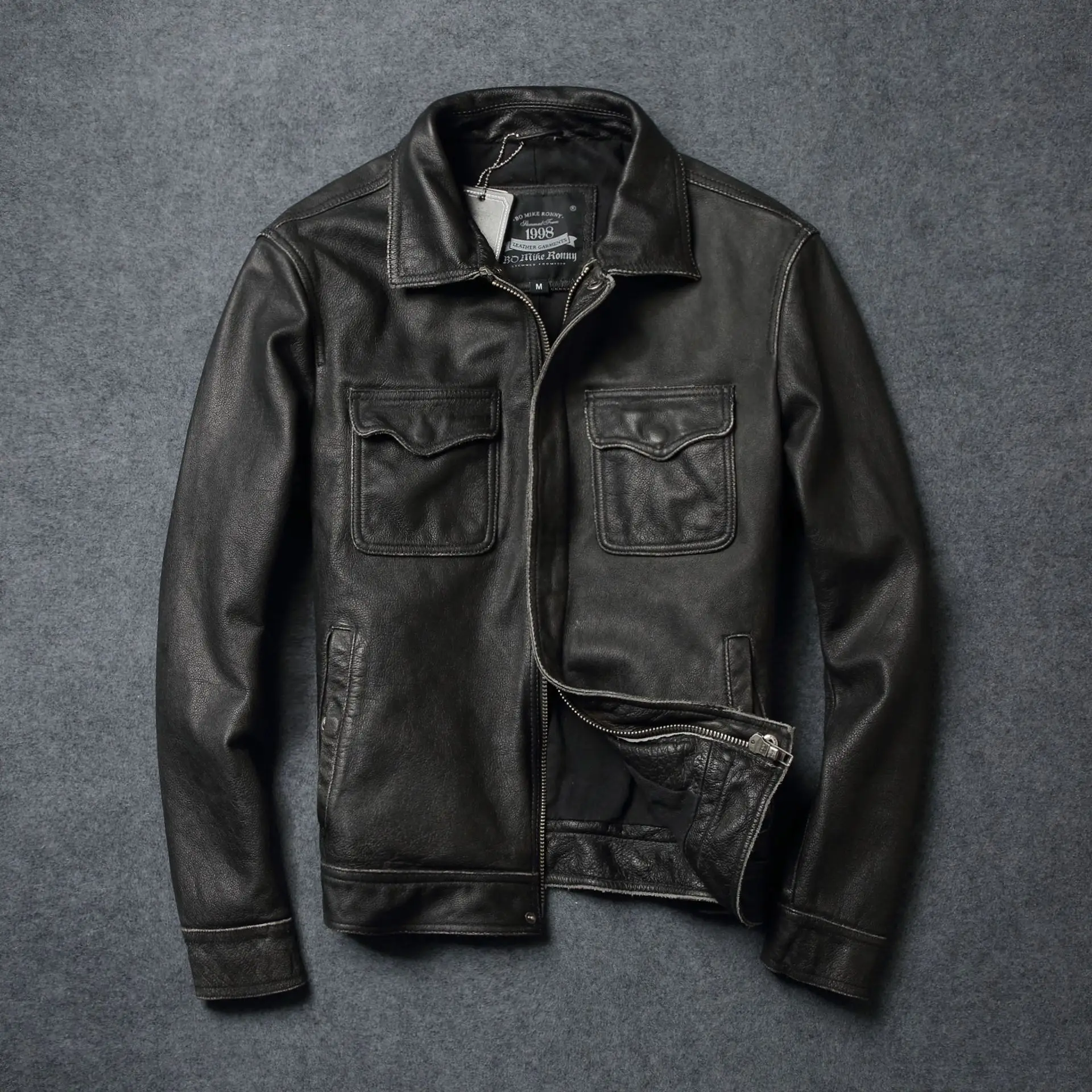 

Autumn Clothing Distressed Vintage Cow Leather Rider Zipper Jacket Genuine Leather Motorcycle Leather Slim Stand Collar XXXXXL