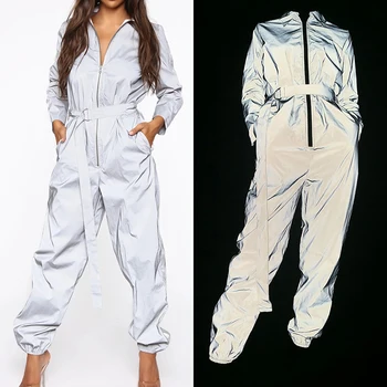 

Women Long Sleeve Reflective JUMPSUIT Belt Zip UP Glitter Tracksuits Rompers Female Harajuku Jogger Pants Streetwear Party Club