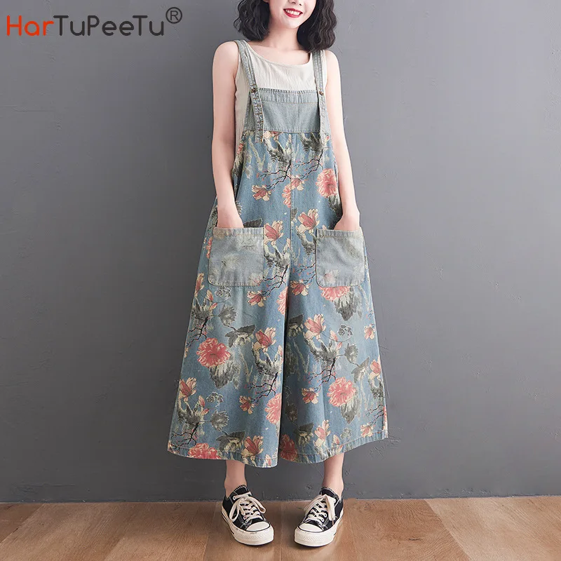 Vintage Floral Print Denim Jumpsuit Women Summer Autumn 2021 Wide Leg Jumpers Ankle-Length Casual Jeans Pockets Loose Bib Pants 2021 v neck sexy summer jumpsuit sling sleeveless  less casual drawstring pants with pockets combinaison femme101043 ez