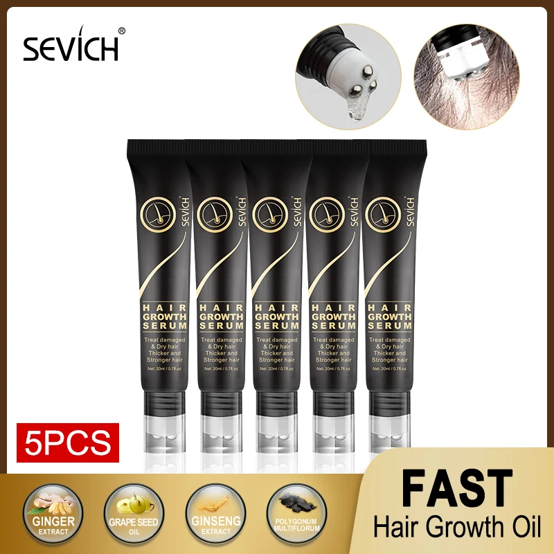 Sevich 5PCS Thickener Hair Growth Serum Ginger Extract Essence Oil Hair Loss Treatment Fast Growt Hair Serum with Massage Roller восстанавливающая сыворотка с экстрактом семян льна restore serum with flax seeds