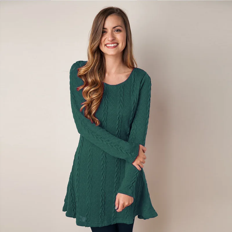 2020 модное трикотажное платье-свитер с круглым вырезом и длинным рукавом базовое