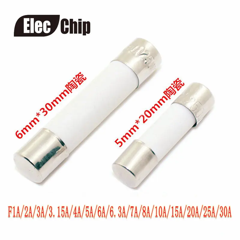 100 pcs/Керамика плавкая вставка 5*20 мм/6*30 мм Предохранитель F1A 2A 3A 3.15A 4A 5A 6A 6.3A 7A 8A 10A 15A 20A 25A 30A 250V 5X20 мм/6X30 мм