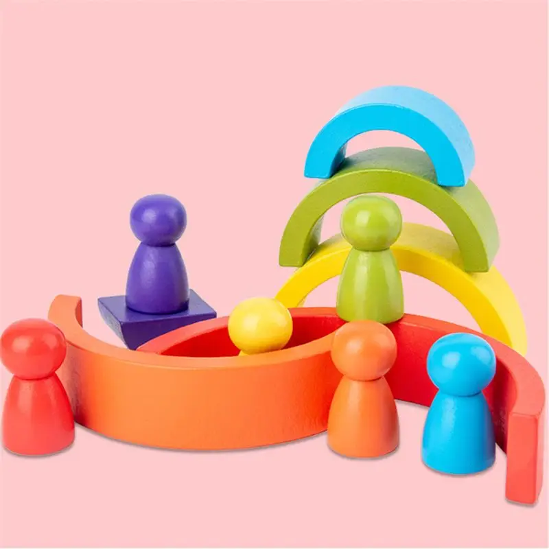 Wooden Rainbow Bridge and Rainbow Figure Set Montessori Educational Toys Building Block for Kids Baby